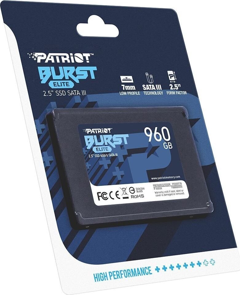 SSD|PATRIOT|Burst Elite|960GB|SATA 3.0|3D NAND|Kirjutuskiirus 320 MBait/s|Lugemiskiirus 450 MBait/s|2,5"|TBW 400 TB|PBE960GS25SSDR цена и информация | Sisemised kõvakettad (HDD, SSD, Hybrid) | kaup24.ee