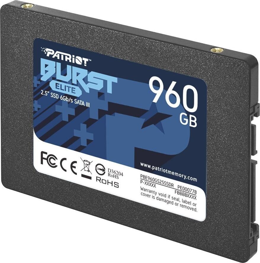 SSD|PATRIOT|Burst Elite|960GB|SATA 3.0|3D NAND|Kirjutuskiirus 320 MBait/s|Lugemiskiirus 450 MBait/s|2,5"|TBW 400 TB|PBE960GS25SSDR hind ja info | Sisemised kõvakettad (HDD, SSD, Hybrid) | kaup24.ee