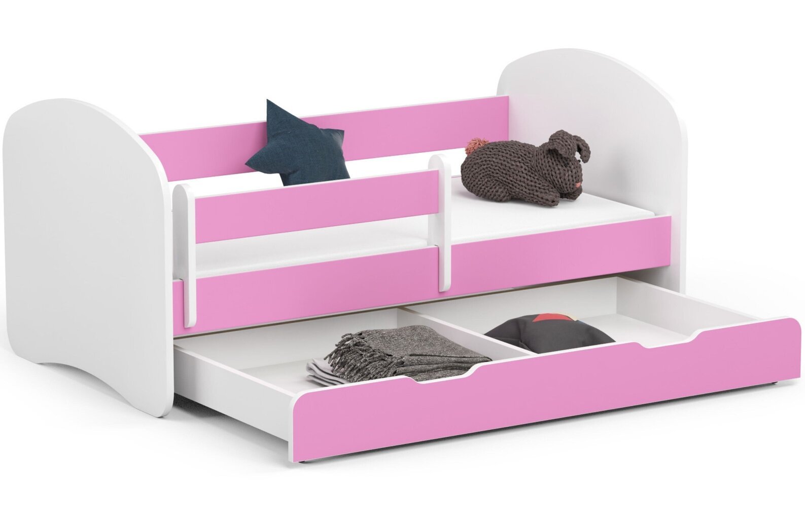 Voodi koos madratsi, voodipesukasti ja eemaldatava kaitsepiirdega NORE Smile, 140x70 cm, roosa/valge hind ja info | Lastevoodid | kaup24.ee
