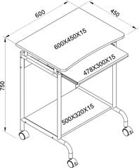 Kontoriarvutilaud Techly, mobiilne, klaviatuuririiuli ja ratastega, valge цена и информация | Компьютерные, письменные столы | kaup24.ee