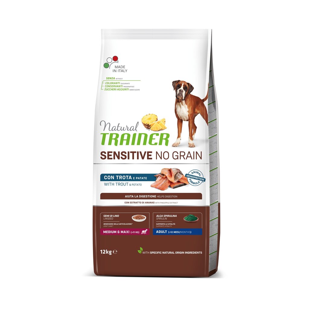 Koerte kuuivtoit Natural trainer adult dog sensitive no grain forell medium maxi teraviljavaba, forelliga, keskmist ja suurt tõugu koertele, 12 kg hind ja info | Kuivtoit koertele | kaup24.ee