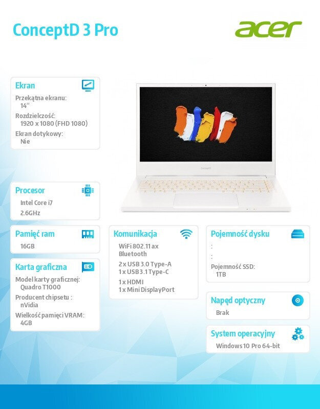 Notebook ConceptD 3 Pro CN314-72P-7338 WIN10PRO/ i7-10750H/ 16GB/ 1T/ QT1000/ 14 цена и информация | Sülearvutid | kaup24.ee