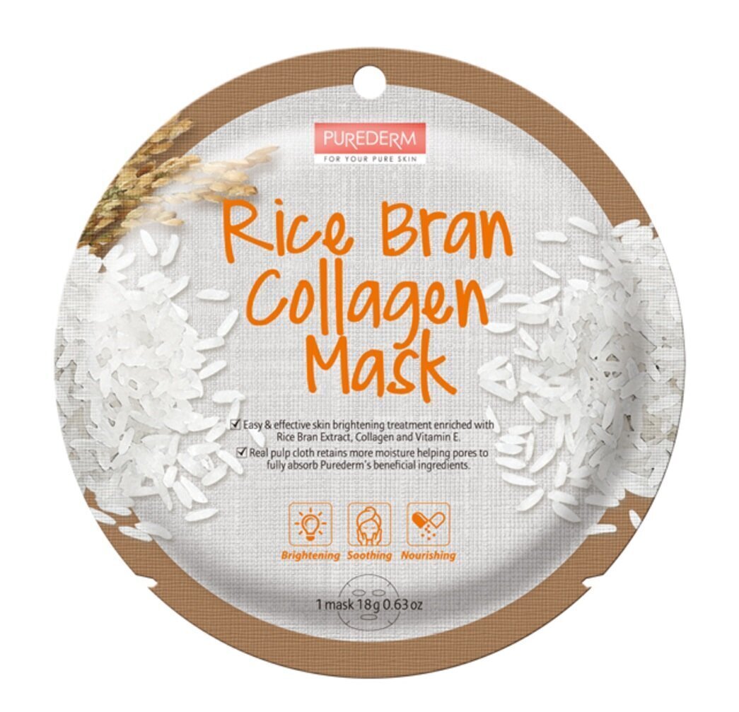 Näomask naistele kollageeni ja riisiekstraktiga PUREDERM Rice Bran Collagen Mask, 18g цена и информация | Näomaskid, silmamaskid | kaup24.ee