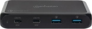 Laadimisjaam Manhattan 1x USB-C PD 60W, 1x USB-C PD 30W, 2x USB-A, must hind ja info | Mobiiltelefonide laadijad | kaup24.ee