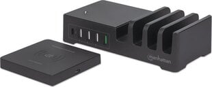 Зарядная станция Manhattan 55 W 1 x USB-C PD 30 W, 1 x USB-A QC 3,0 18 W, 3 x USB-A 5 V 2,4 A (36 W) и Qi 10 W беспроводное индукционное зарядное устройство цена и информация | Зарядные устройства для телефонов | kaup24.ee