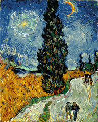 Maalimine numbrite järgi - maalimise komplekt 40x50 cm. "Cypress trees against the starry sky by Vincent van Gogh" hind ja info | Maalid numbri järgi | kaup24.ee