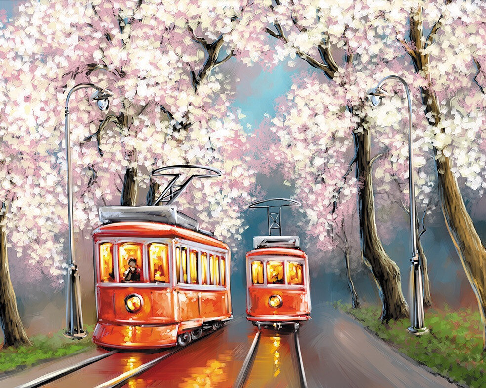 Maalimine numbrite järgi - maalimise komplekt 40x50 cm. "Romance of spring trams" hind ja info | Maalid numbri järgi | kaup24.ee