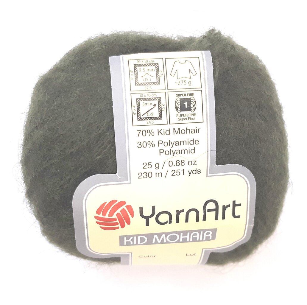 Kudumisniit YarnArt Kid Mohair, värvus tumeroheline 011 цена и информация | Kudumistarvikud | kaup24.ee