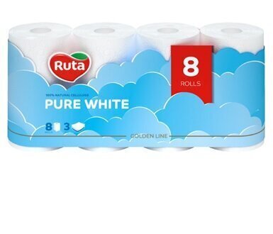 Tualettpaber Ruta Pure White, 8 rulli, kolm kihti hind ja info | WC-paber, majapidamispaber | kaup24.ee