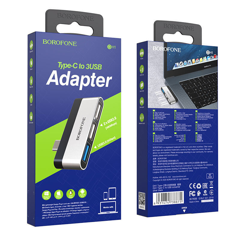 HUB / adapter BOROFONE DH1 Type-C - 3 x USB | 2 x USB x 2.0 + 1 x USB x 3.0 цена и информация | USB jagajad, adapterid | kaup24.ee