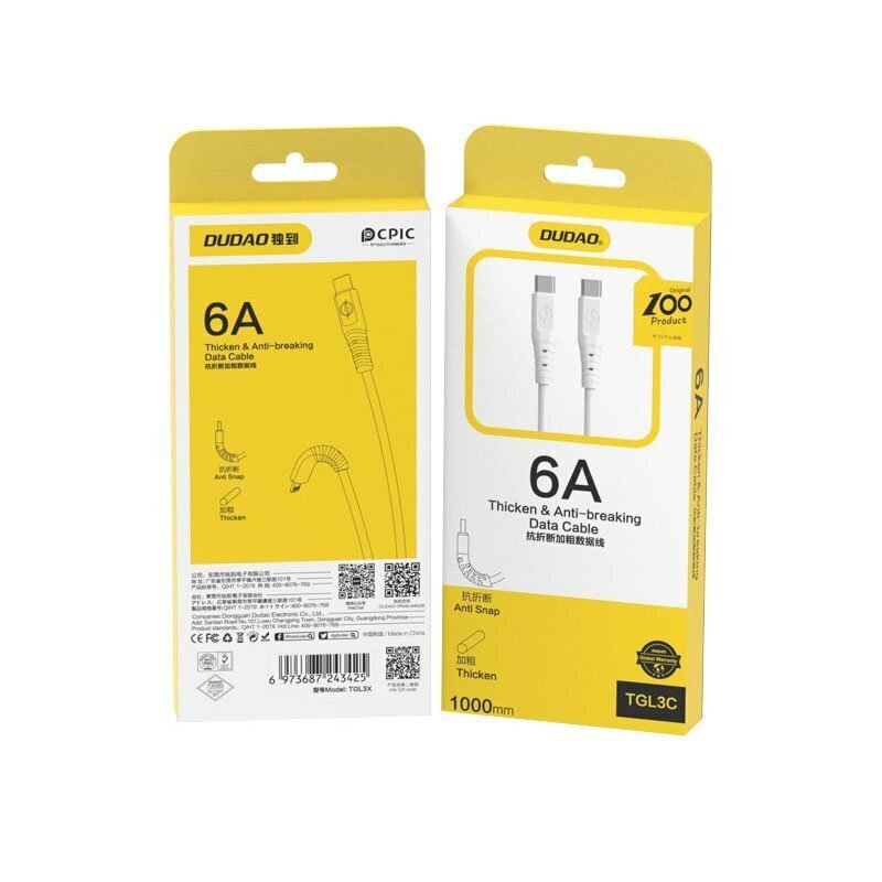 Dudao cable, USB Type C cable - USB Type C 6A 100W PD white (TGL3C) цена и информация | Mobiiltelefonide kaablid | kaup24.ee