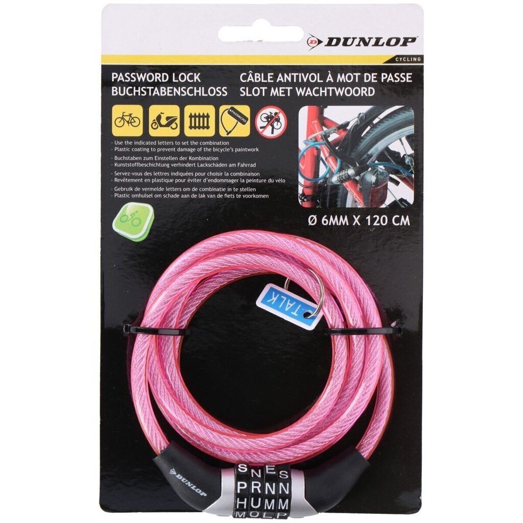 Jalgrattalukk koodiga Dunlop, 0,6 x 120 cm, roosa hind ja info | Rattalukud | kaup24.ee