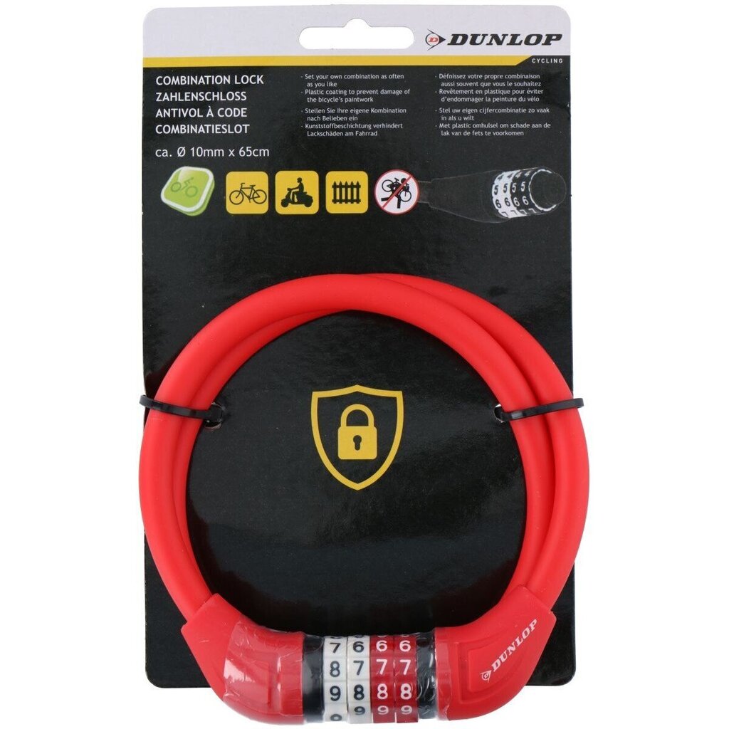 Jalgrattalukk koodiga Dunlop, 1 x 65 cm, punane цена и информация | Rattalukud | kaup24.ee