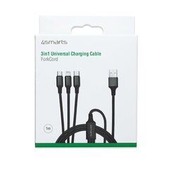 Кабель для зарядки 4smarts Textile Cable 3in1 ForkCord Micro USB/USB-C/Lightning, 1 м, черный цена и информация | Кабели и провода | kaup24.ee