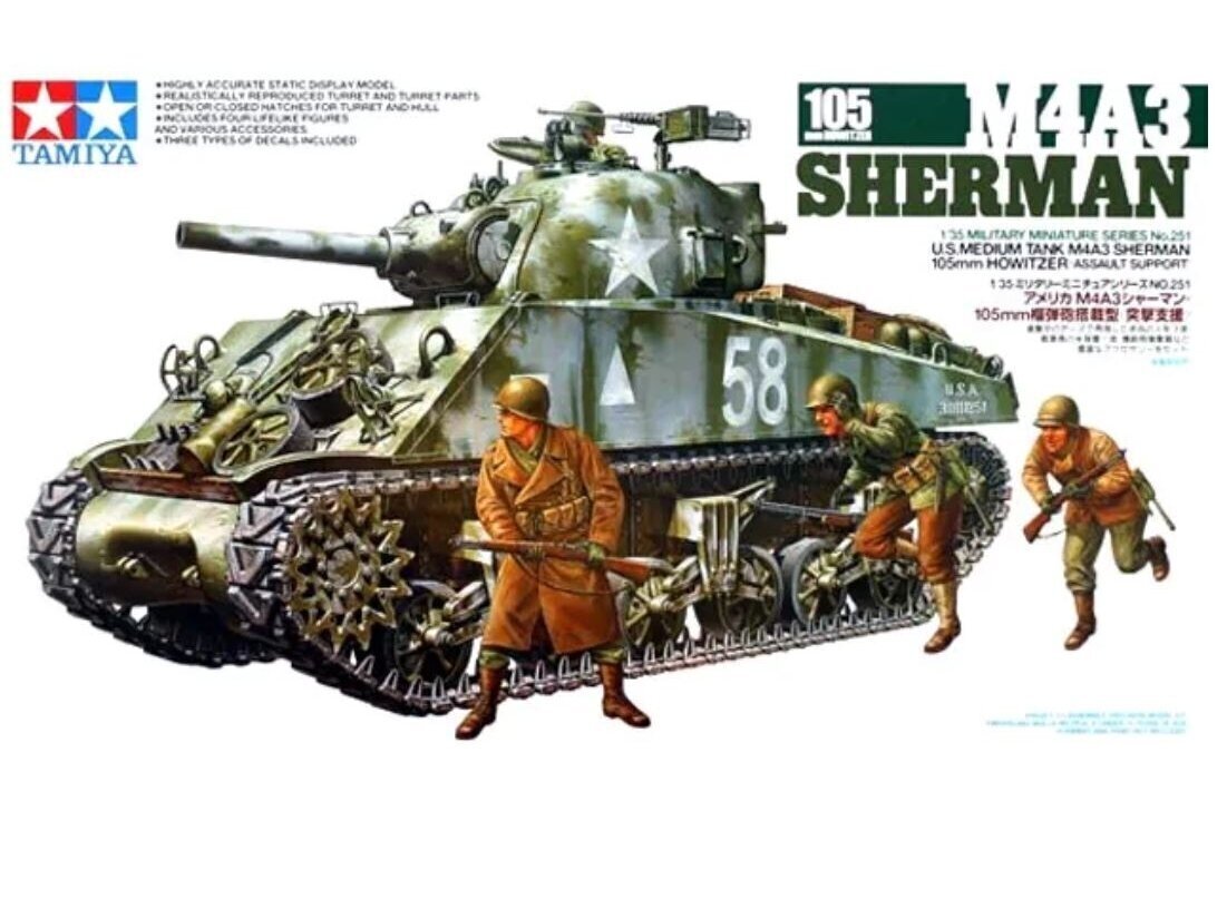 Tamiya mudelikomplekt - U.S. Medium Tank M4A3 Sherman 105mm Howitzer Assault Support, 1/35, 35251 цена и информация | Klotsid ja konstruktorid | kaup24.ee