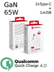 GaN 65 W Forcell seinalaadija 2 Usb Type C 1 Usb A - 3A PD ja Quick Charge 4.0 hind ja info | Mobiiltelefonide laadijad | kaup24.ee