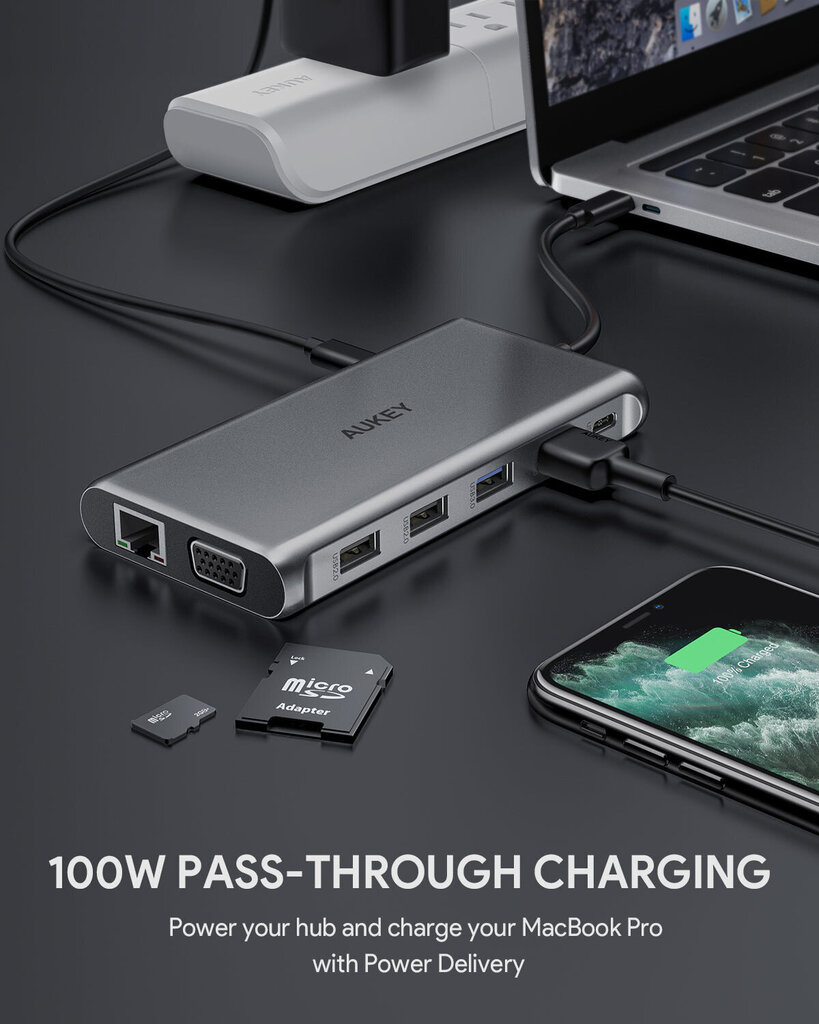 HUB CB-C78 aluminum USB-C | 12w1 | RJ45 Ethernet 10/100/1000Mbps | 2xUSB 3.1 | 2xUSB 2.0 | 2xHDMI 4k@30Hz | VGA | SD i microSD | USB-C | USB-C hind ja info | USB jagajad, adapterid | kaup24.ee