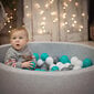 KiddyMoon Baby Pehme Ümmargune Pallimeri 90x30 cm/300 Palli ∅ 7 cm, Pallidega Sertifitseeritud, Valmistatud Euroopas, helehall:pärl/heleroosa/hele sinine/münt/hõbedane hind ja info | Imikute mänguasjad | kaup24.ee