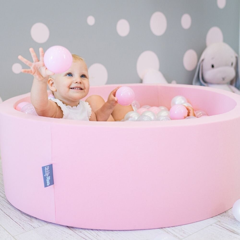 KiddyMoon Baby Pehme Ümmargune Pallimeri 90x30 cm/200 Palli ∅ 7 cm, Pallidega Sertifitseeritud, Valmistatud Euroopas, roosa:hall/valge/roosa hind ja info | Imikute mänguasjad | kaup24.ee