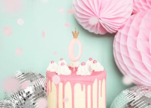 Свеча ко дню рождения, номер 0, светло-розовая с короной, 9,5см цена и информация | Праздничные декорации | kaup24.ee