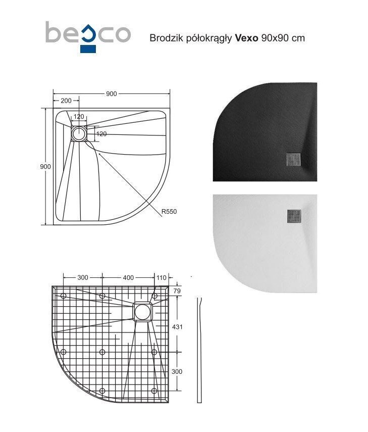 Poolringikujuline dušialus Besco Vexo Black, 90x90 cm hind ja info | Dušialused | kaup24.ee