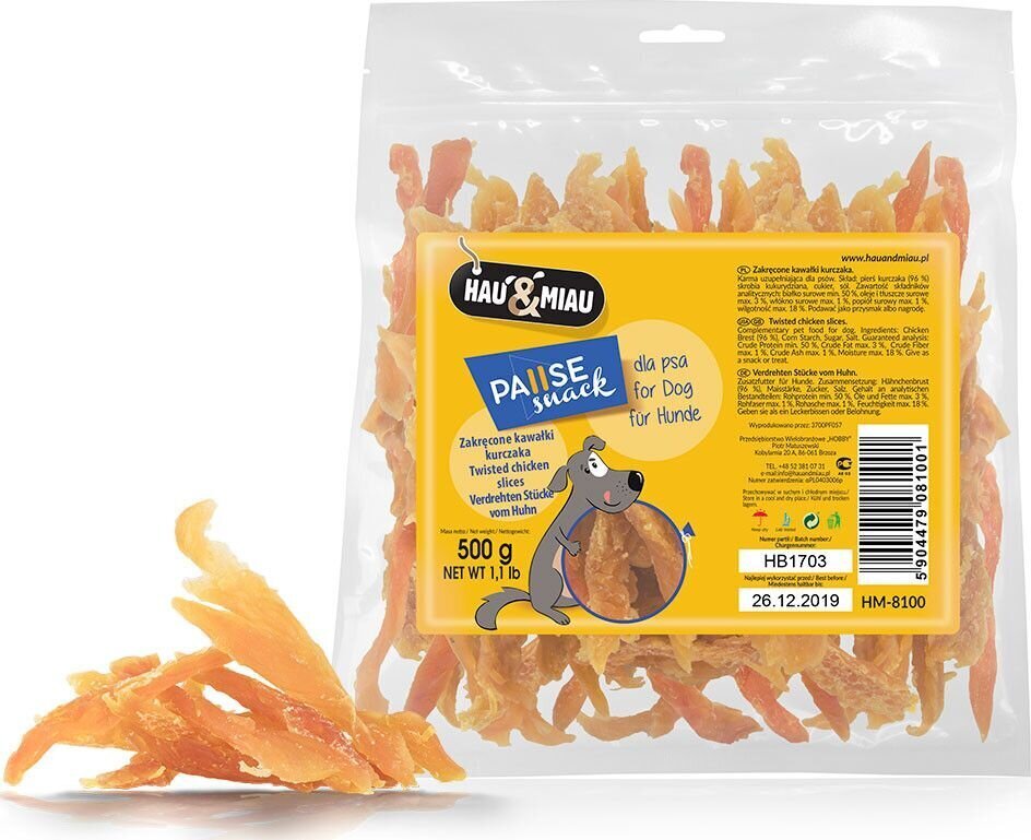 Hau & Miau twisted chicken slices - Kanafilee koertele, 500 g цена и информация | Maiustused koertele | kaup24.ee