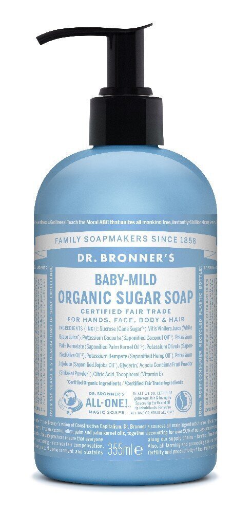 Dr. Bronner's Baby-Mild Sugar Soap orgaaniline suhkrusee 355 ml, lõhnatu hind ja info | Seebid | kaup24.ee