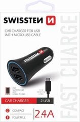 Swissten Премиум Автомобильная зарядка 12 / 24V / 1A+ 2.1A + кабель Micro USB  150 cm Черная цена и информация | Зарядные устройства для телефонов | kaup24.ee