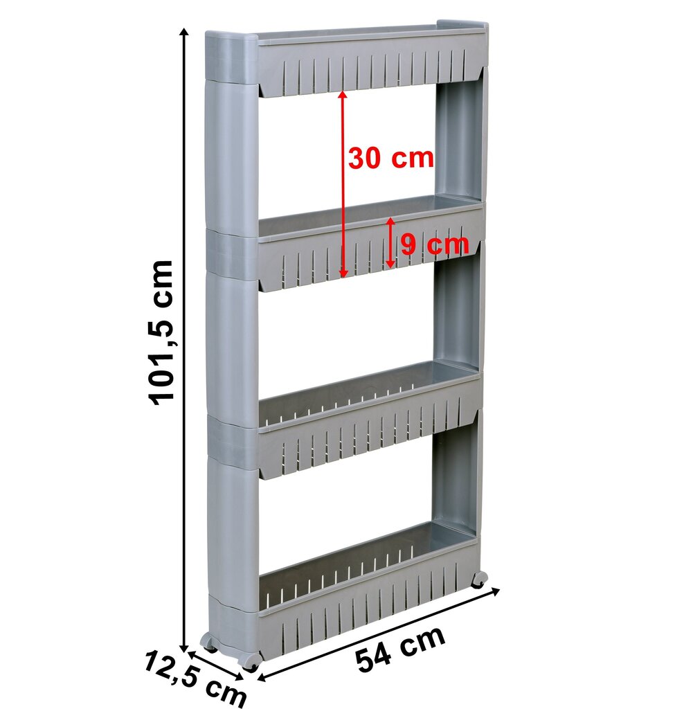 Mobiilne ratastel kapp, 4 riiulit, hall hind ja info | Köögikapid | kaup24.ee