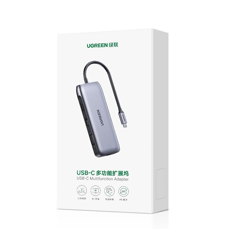 Ugreen multi-functional HUB 9in1 USB Type C - HDMI, DP, VGA, 2 x USB, RJ45 Ethernet, SD / TF card reader, USB Type C PD 100W gray (CM274) hind ja info | USB jagajad, adapterid | kaup24.ee