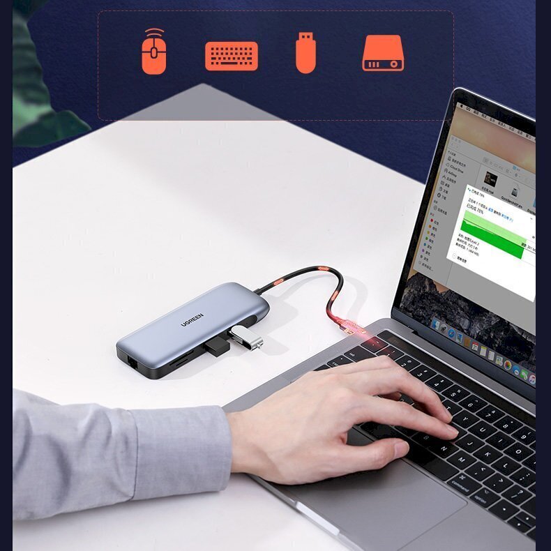 Ugreen multi-functional HUB 9in1 USB Type C - HDMI, DP, VGA, 2 x USB, RJ45 Ethernet, SD / TF card reader, USB Type C PD 100W gray (CM274) hind ja info | USB jagajad, adapterid | kaup24.ee