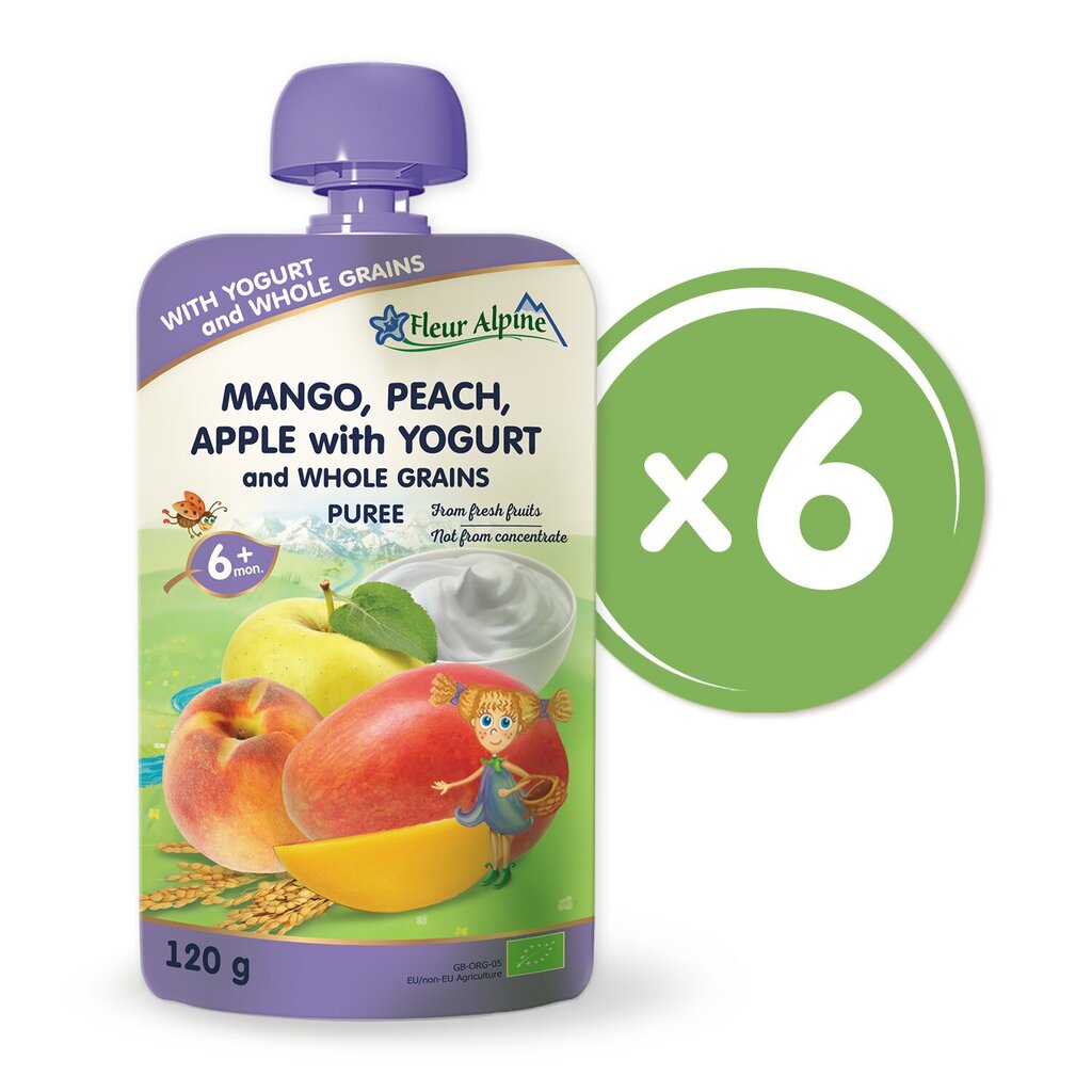 "Mango, virsik ja õun jogurtiga" orgaaniline püree FLEUR ALPINE, alates 6 elukuust, 120 g x 6 цена и информация | Püreed | kaup24.ee