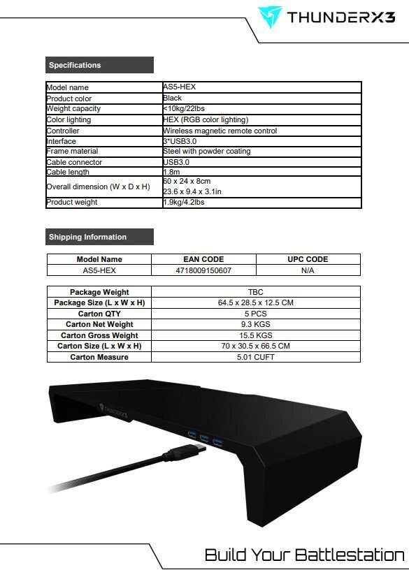 Monitorialus ThunderX3 AS5 Hex RGB / 3 x USB 3.0 / IR Remote hind ja info | Sülearvuti tarvikud | kaup24.ee