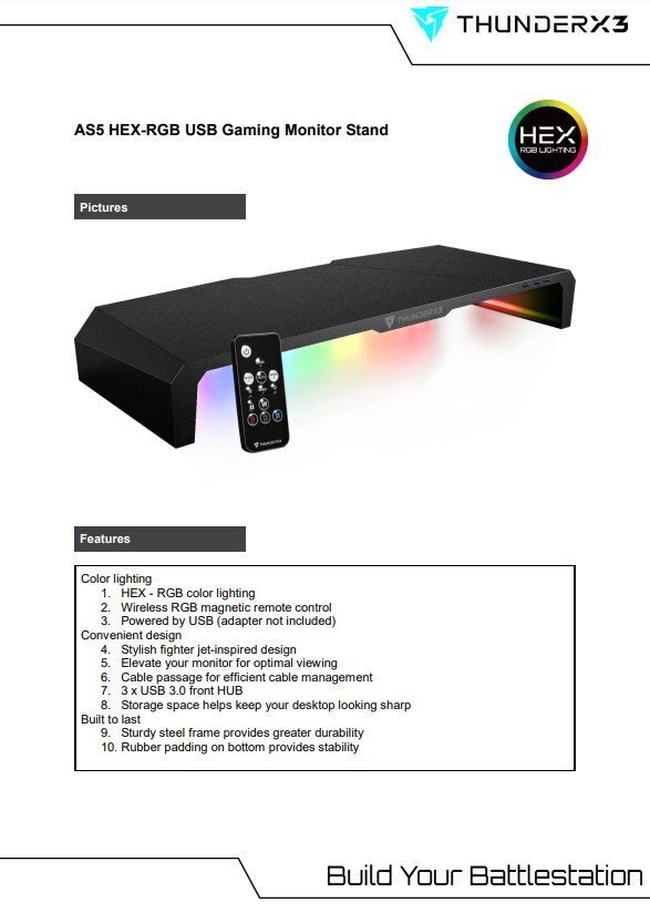 Monitorialus ThunderX3 AS5 Hex RGB / 3 x USB 3.0 / IR Remote цена и информация | Sülearvuti tarvikud | kaup24.ee