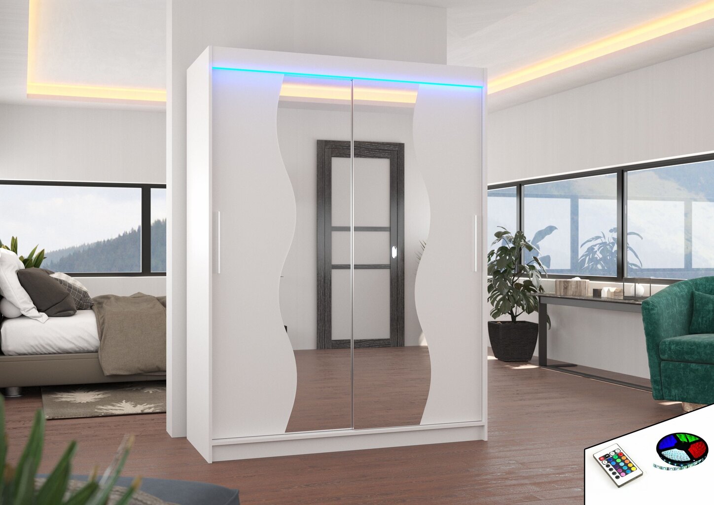 Riidekapp LED valgustusega ADRK Furniture Renzo, valge hind ja info | Kapid | kaup24.ee