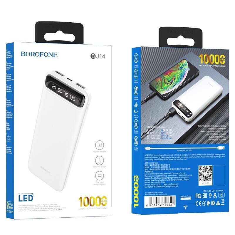 Väline aku Power Bank Borofone BJ14 Type-C microUSB 2*USB (2A) 10000mAh valge hind ja info | Akupangad | kaup24.ee