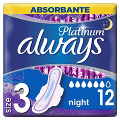 Hügieenisidemed Always Platinum Night, 12 tk. hind ja info | Tampoonid, hügieenisidemed, menstruaalanumad | kaup24.ee