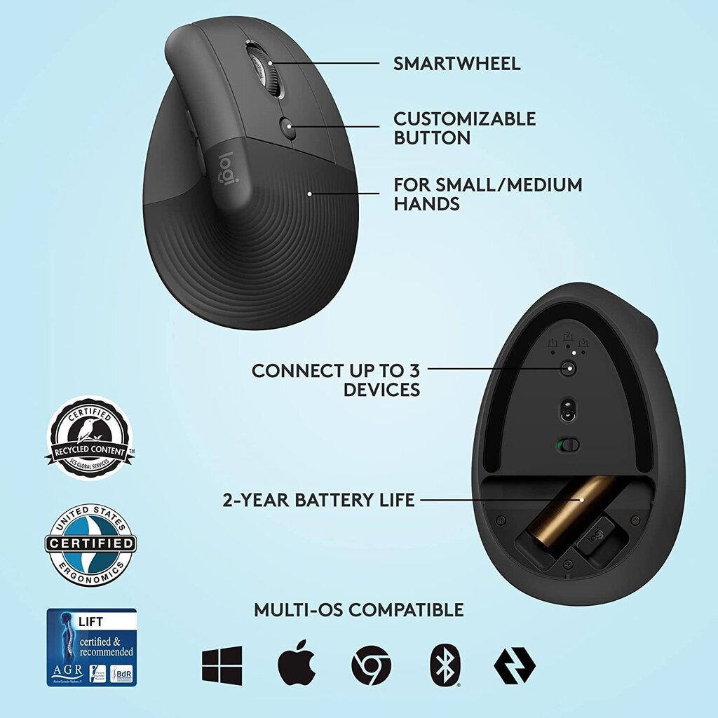 Juhtmevaba hiir Logitech Lift Vertical Ergonomic Mouse, must - 910-006473 hind ja info | Hiired | kaup24.ee