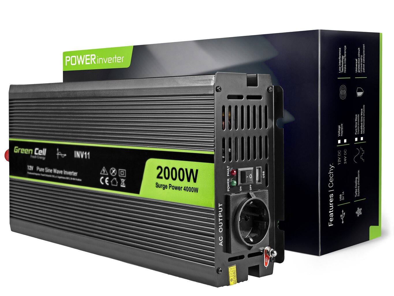 Green Cell Power Inverter 12V to 230V 2000W/4000W Pure sine wave цена и информация | Muundurid, inverterid | kaup24.ee