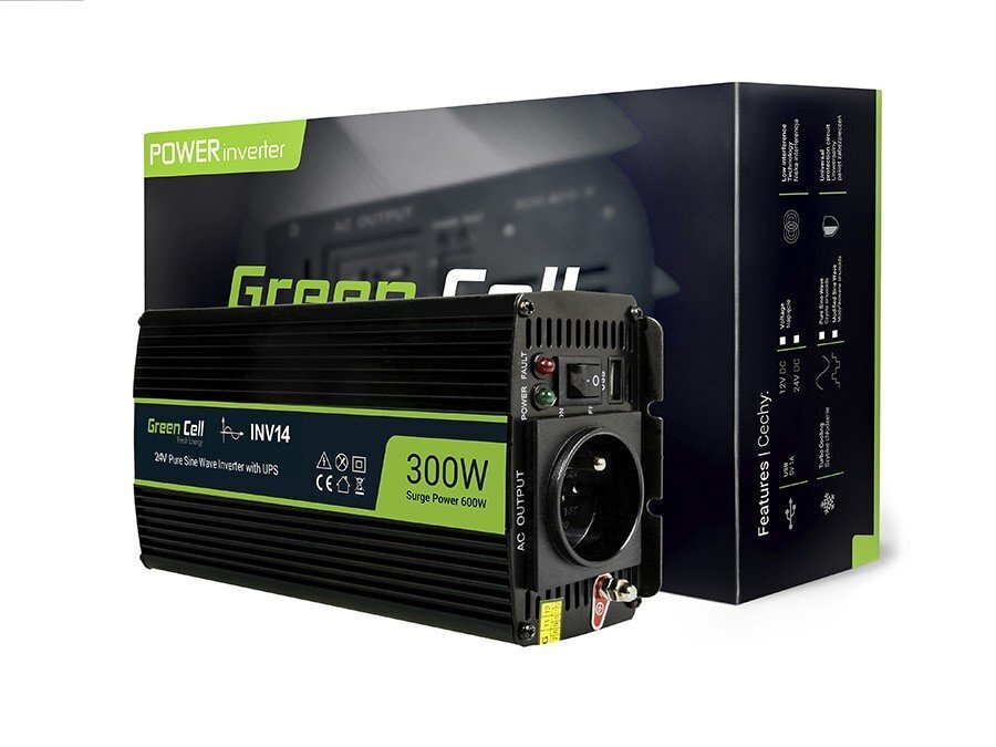 Green Cell Power Inverter 24V to 230V 300W/600W Pure sine wave hind ja info | Muundurid, inverterid | kaup24.ee