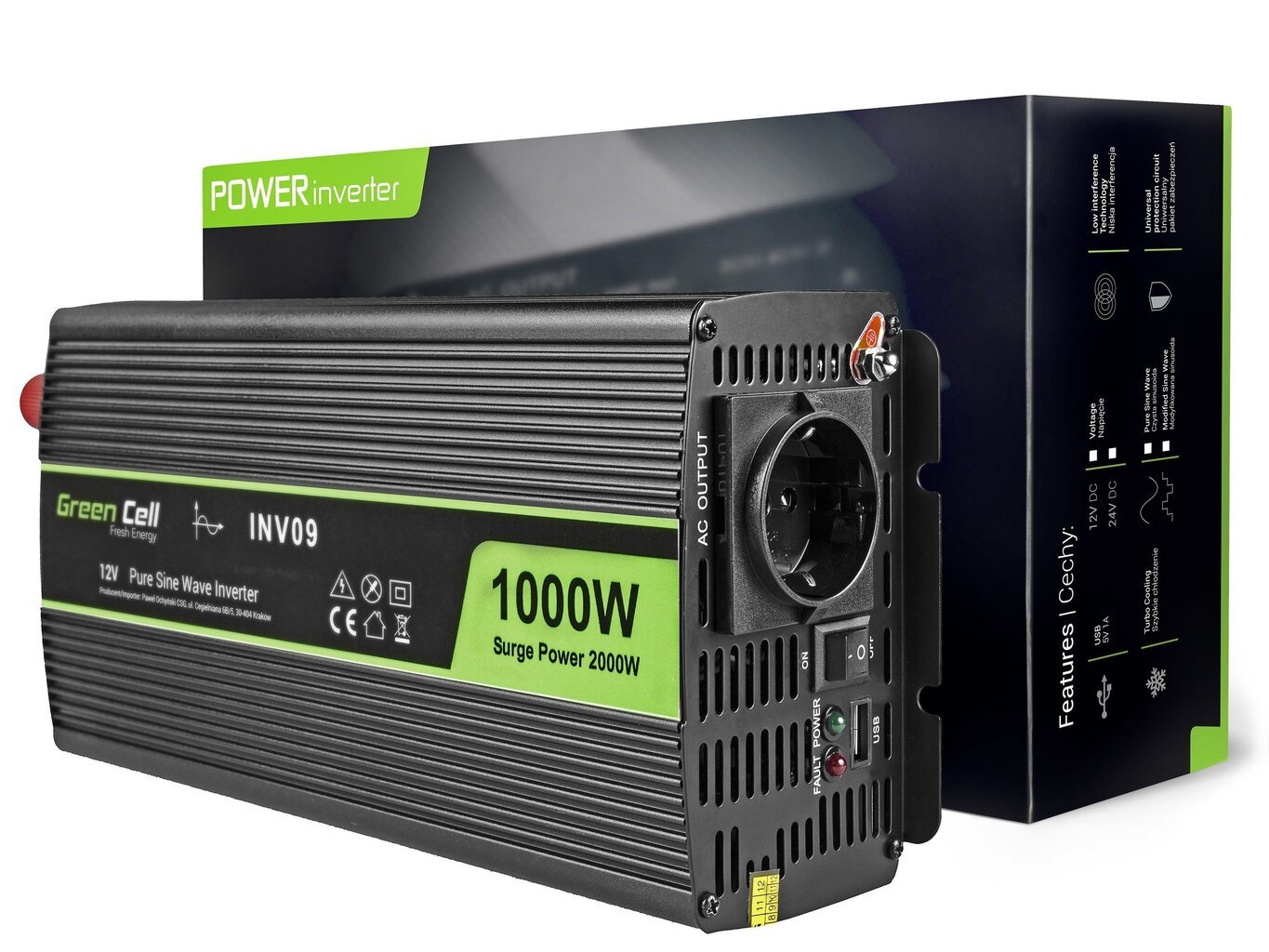 Green Cell inverter, pingemuundur 12 V kuni 230 V 1000W/2000W puhas siinuslaine цена и информация | Muundurid, inverterid | kaup24.ee