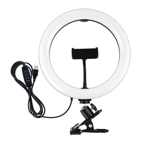 LED rõngaslamp 26cm, telefonihoidja ja klambriga, USB hind ja info | Fotovalgustuse seadmed | kaup24.ee