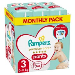 Подгузники-трусики PAMPERS Premium Monthly Pack 3 размер, 6-11 кг, 144 шт. цена и информация | Пеленки | kaup24.ee