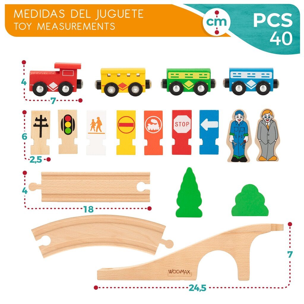 Puidust mänguraudtee Woomax, 40 tükki, 24 kuud+ hind ja info | Imikute mänguasjad | kaup24.ee