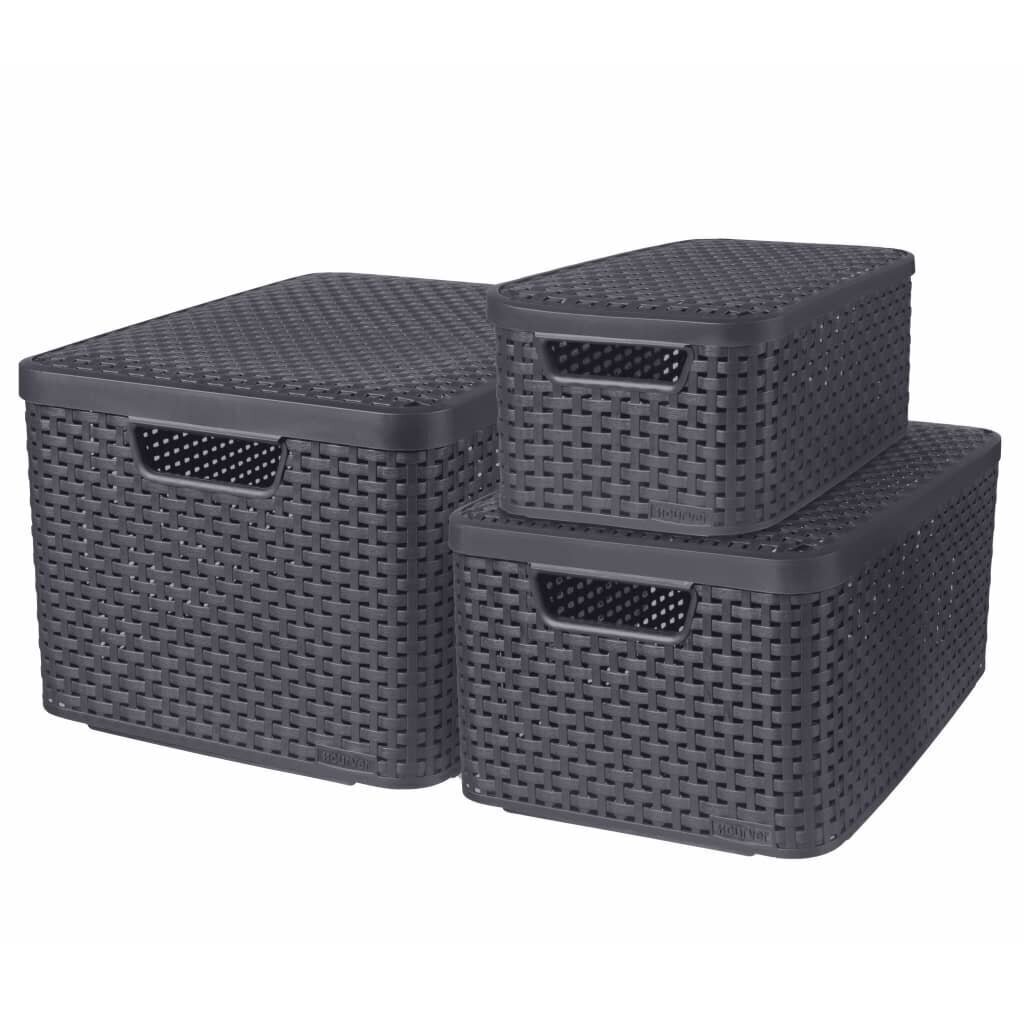 427270 Curver "Style" Storage Boxes with Lid 3 pcs Size S+M+L Anthracite hind ja info | Hoiukastid ja -korvid | kaup24.ee