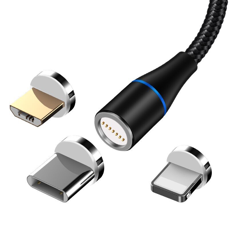 Maxlife MXUC-03 magnetkaabel USB - Lightning + USB-C + microUSB 1,0 m 3A, must nailon hind ja info | Mobiiltelefonide kaablid | kaup24.ee