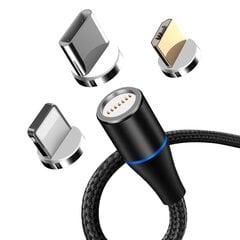 Maxlife MXUC-03 magnetkaabel USB - Lightning + USB-C + microUSB 1,0 m 3A, must nailon hind ja info | Mobiiltelefonide kaablid | kaup24.ee