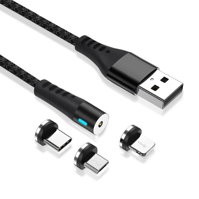 Maxlife MXUC-02 magnetkaabel USB - Lightning + USB-C + microUSB 1,0 m 2A, must nailon цена и информация | Mobiiltelefonide kaablid | kaup24.ee