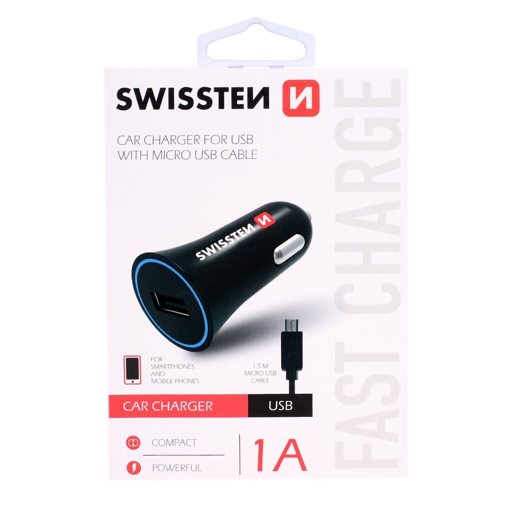 Swissten Premium Car charger 12 / 24V / 1A whit Micro USB Cable 1,5m Black цена и информация | Mobiiltelefonide laadijad | kaup24.ee