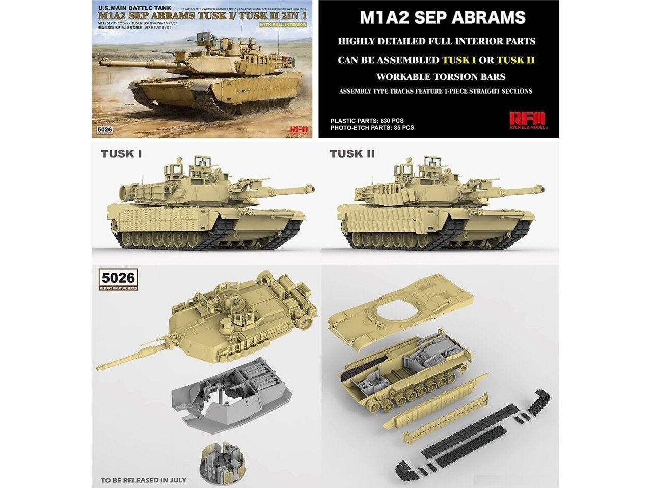 Rye Field Model - M1A2 SEP Abrams TUSK I /TUSK II with full interior, 1/35, RFM-5026 цена и информация | Klotsid ja konstruktorid | kaup24.ee